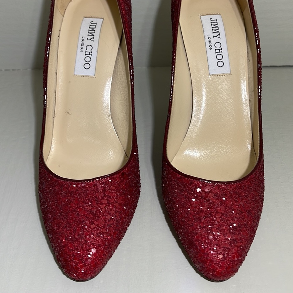 Jimmy Choo Sparkly Ruby Red Shoes With Ruby Paten… - image 5